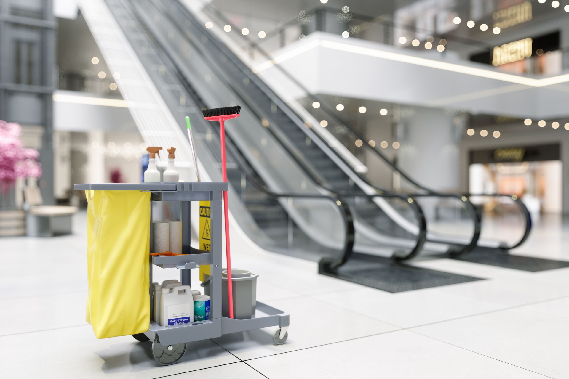 Gros plan du chariot de nettoyage avec des détergents, de la vadrouille de nettoyage et du seau dans un centre commercial avec un arrière-plan flou